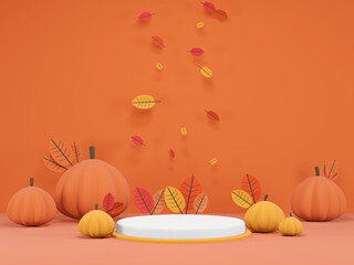 3D render - 3D image Happy Thanksgiving, Thanksgiving day banner. Festive background with realistic 3d orange pumpkins, fall foliage. Horizontal holiday poster, header for website.