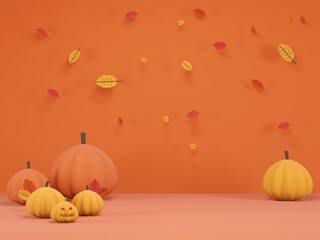 3D render - 3D image Happy Thanksgiving, Thanksgiving day banner. Festive background with realistic 3d orange pumpkins, fall foliage. Horizontal holiday poster, header for website.