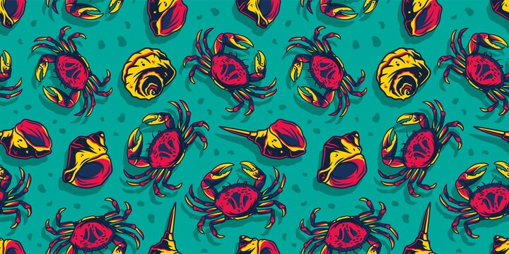 Colored seamless pattern wallpaper with seashell mollusk and crab. Underwater animals, wild ocean life for marine design