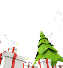 3D illustration with a Christmas tree and gifts. Low poly style, bottom view. Bright cartoon postcard.