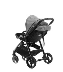 Modern baby stroller on white background