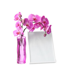 Vase with beautiful orchid flowers and blank photo frame on white background
