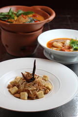 Fresh thai pomelo salad with prawn on table, closeup