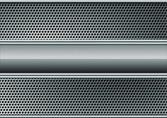 Background of silver perforated metallic surface with holes and horizontal silver polished plate with a metal texture. Metallic background with space for text. Vector illustration