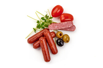 Smoked sausages, isolated on white background