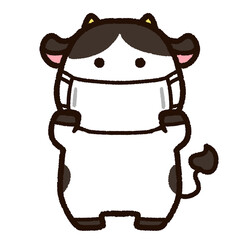 マスクをした牛のキャラクター　白黒