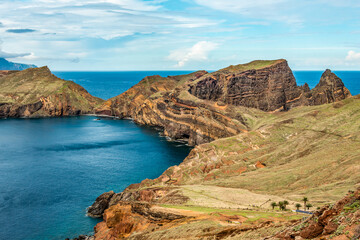 View of rocky cliffs clear water of Atlantic Ocean at Ponta de Sao Lourenco, the island of Madeira, Portugal