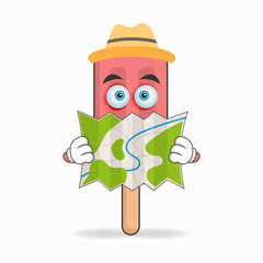 The Red Ice Cream mascot character holds a map. vector illustration