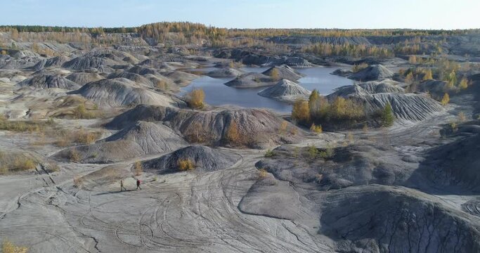 Dron flight over Ural clay quarries, Ural Mars surreal alien landscape, Russia