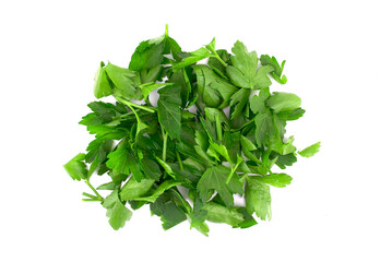 Fototapeta na wymiar Fresh green chopped parsley leaves isolated on white background. Spicy aromatic sliced raw herbs of garden parsley.