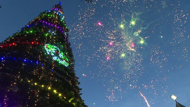 New year's fireworks on the Christmas tree in the Patrimony of Santa Claus.