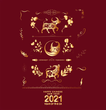 Happy chinese new year 2021 of the ox. Gold zodiac sign, Floral and gold flower for greetings card, invitation, posters, brochure, calendar, flyers, banners