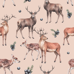 Naklejka na ściany i meble animal sketch pattern with deers and dark forest berries forest inhabitant winter and New Year theme watercolor drawing on a beige background