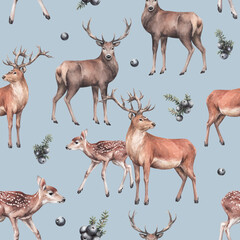 Naklejka premium animal sketch pattern with deers and dark forest berries forest inhabitant winter and New Year theme watercolor drawing on a blue background