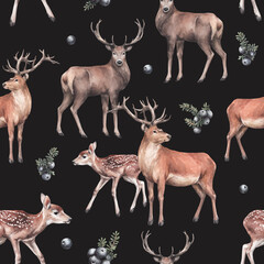 Naklejka premium animal sketch pattern with deers and dark forest berries forest inhabitant winter and New Year theme watercolor drawing on a dark gray background
