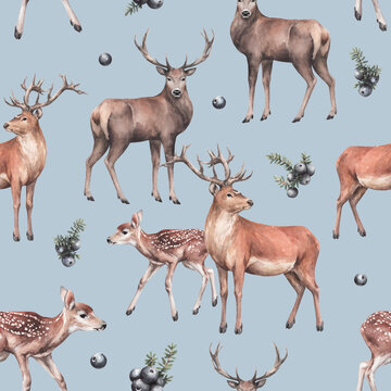 animal sketch pattern with deers and dark forest berries forest inhabitant winter and New Year theme watercolor drawing on a blue background