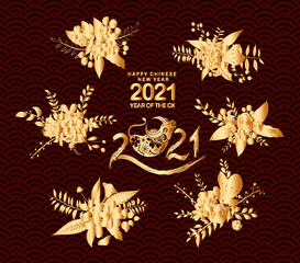 Happy chinese new year 2021 of the ox. Gold zodiac sign, gold floral bouquet decoration for greetings card, invitation, posters, brochure, calendar, flyers, banners