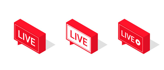 Set of live streaming icons, isometric style. Red symbols and buttons of live streaming, broadcasting, online stream. Lower third template for tv, shows, movies and live performances