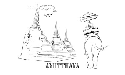 Drawing vector illustration outline old Pagodas and elephants Thailand with text  AYUTTHAYA - obrazy, fototapety, plakaty