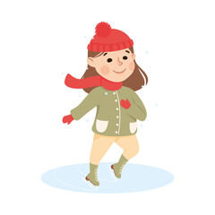 Excited Girl in Warm Clothing Ice Skating Vector Illustration