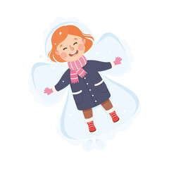 Excited Girl in Warm Clothing Lying on Her Back and Making Snow Angel Vector Illustration