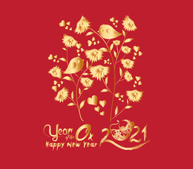 Happy chinese new year 2021 of the ox. Gold zodiac sign, gold floral decoration for greetings card, invitation, posters, brochure, calendar, flyers, banners