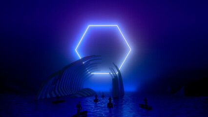 Creative neon glowing background, concept environmental pollution.The skeleton large fish lying in the sea and silhouette of man on a boat, with pink blue vibrant violet neon lights.3D illustration