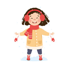 Cute Girl Walking and Enjoying Winter Holiday Vector Illustration