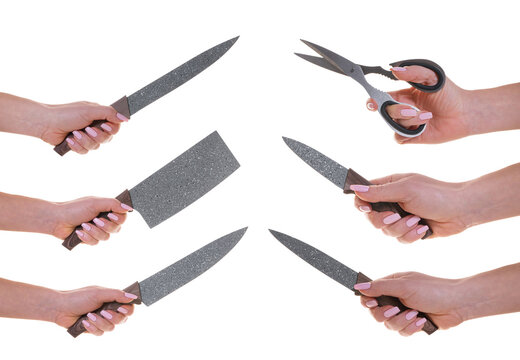 set kitchen knife in female hand