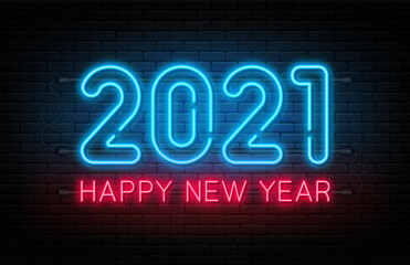 Happy New Year 2021. New Year and Christmas decoration, neon signboard with glowing text. Neon light effect for background, banner, poster and greeting card