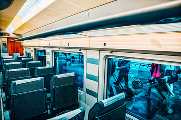 Interior of modern hi-speed passenger train of Spanish railways