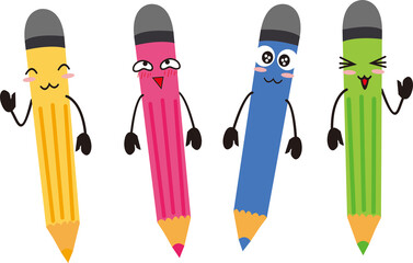 illustration of cute cartoon characters colored pencils in yellow, pink, blue, and green