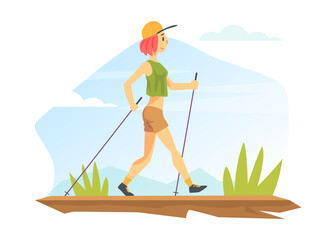 Young Woman Performing Nordic Walking in Park, People in Sports Outfit Enjoying Walking in Open Air Cartoon Vector Illustration