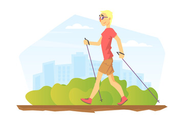 Young Man Performing Nordic Walking in Park, People in Sports Outfit Enjoying Walking in Open Air Cartoon Vector Illustration