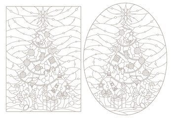 Contour illustrations of a stained glass window with a Christmas trees and a toy bear ,dark outlines on white background