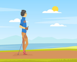 Obraz na płótnie Canvas Young Man Performing Nordic Walkingon Beach, People in Sports Outfit Enjoying Walking in Open Air Cartoon Vector Illustration