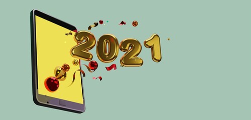 3D rendering new year celebration card concept of golden, metalic numbers 2021 with some decoration balls and ribbons coming out of smartphone