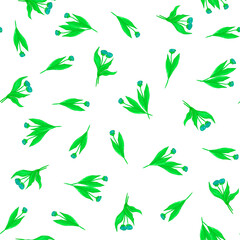 Seamless botanical pattern with blue watercolor flowers and bright green leaves on a white background. Handmade illustration for postcards, wallpaper, stationery, fabric, packaging.