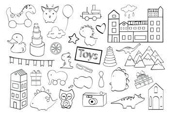 Set of children's toys. Train, duck, pyramids, dinosaurs, houses. Hand drawn. Doodle. Vector