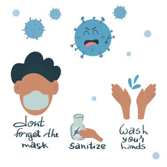 Set of vector illustrations of virus in cartoon hand drawn style for printing. Pandemic protection concept. Isolated on white