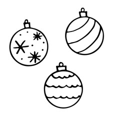 Set of Vector Christmas outline tree balls. Elements of New year and xmas design in doodle style, isolated. Simple hand drawn illustration for greeting cards, calendars, prints, coloring book