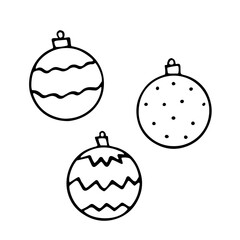 Set of Vector Christmas outline tree balls. Elements of New year and xmas design in doodle style, isolated. Simple hand drawn illustration for greeting cards, calendars, prints, coloring book