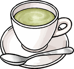 【手描き飲み物ベクターイラスト】ホット抹茶ラテのイラスト 湯気なし
