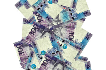 100 Philippine piso bills flying down isolated on white. Many banknotes falling with white...