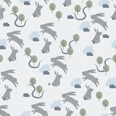 Seamless pattern with cute rabbits among the trees. Decorative wallpaper for the nursery in the Scandinavian style. Vector. Suitable for children's clothing, interior design, packaging, printing.