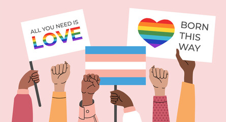 A crowd of people holding lgbtq posters and symbols, transgender and bisexual flag, gay parade. Human rights, born this way. Vector illustration in flat cartoon style, isolated on pink background.  - obrazy, fototapety, plakaty