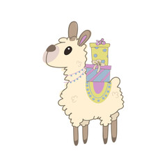 Vector color children's illustration, poster, print with a cute llama on a white background. Alpaca. Cute baby animals. Lama with gifts