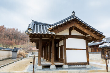 Fototapeta premium Wooden house with black tiles of Hwaseong Haenggung Palace loocated in Suwon South Korea, the largest one of where the king and royal family retreated to during a war 