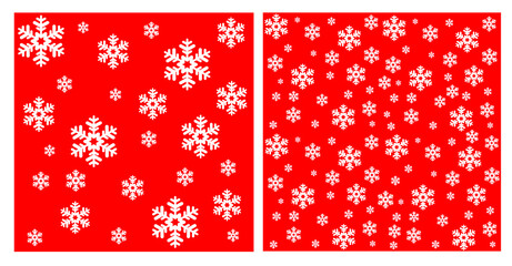 Set of vector illustrations of a Christmas pattern, white snowflakes on a red background, for gift paper, bed linen, banner, etc.
