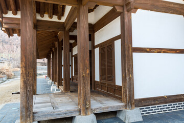 Wooden house with black tiles of Hwaseong Haenggung Palace loocated in Suwon South Korea, the largest one of where the king and royal family retreated to during a war 
